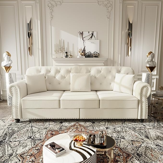 KEIKI 83" Velvet Chesterfield Sofa with Rolled Arms & Nailhead Trim & 3 Ottoman, Modern 3-Seater Button Tufted Couch with High Resilience Cushion & 3 Pillow, Easy Assembly, for Living Room, White