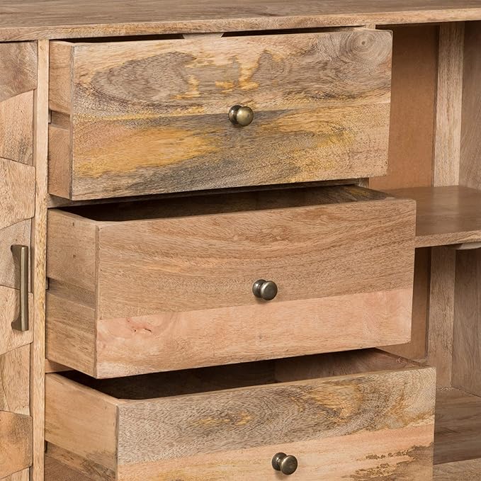 Great Deal Furniture Zona Mid-Century Modern Mango Wood 3 Drawer Sideboard with 2 Doors, Natural