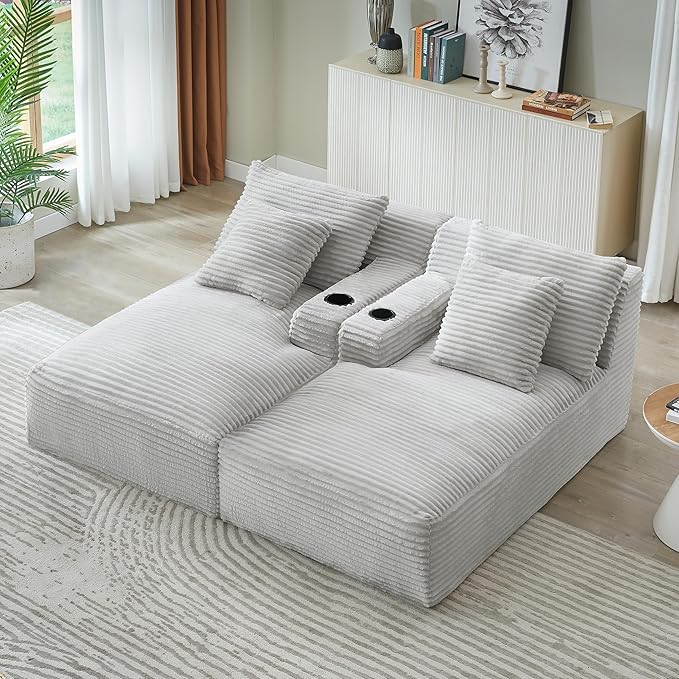 Eafurn Oversized Double Chaise Lounge Indoor with Cup Holders & Side Pocket, 71" Plush Corduroy Boneless Chaise Lounge Sofa with High Density Sponge & Deep High Seat Comfy Sleeper Couch Bed | Breathable material, No Assembly, 52" Deep Seat, 19.7" High ...