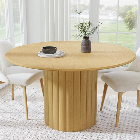 Casaphoria 52" Round Dining Table, Modern Wood Kitchen Table with Cylindrical Wide Bar Protruding Base for Living Room & Dining Room, Easy Assembly Farmhouse Furniture for 4-6, Oak
