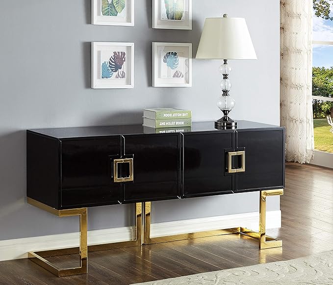 Meridian Furniture Beth Collection Modern | Contemporary Sideboard Buffet, Rich Gold Stainless Steel Base, Black Laquer Finish, 64" W x 18" D x 31" H, Cabinet