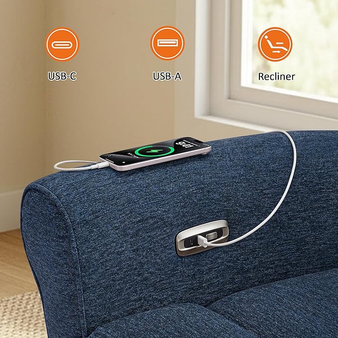 MCombo 87.8" Wall Hugger Power Reclining Sofa with Drop Down Table, 3-Seater Recliner Couch for Small Spaces Living Room RV, USB Ports, Fabric PR635M3 (Navy Blue)