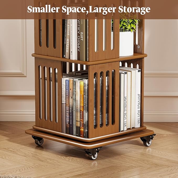 5 Tier Rotating Bookshelf Tower on Wheels, Wood Spinning Bookcase, Bamboo Revolving Book Shelf, Narrow Bookshelves for Small Space, Corner, Bedroom, and Living Room - Walnut