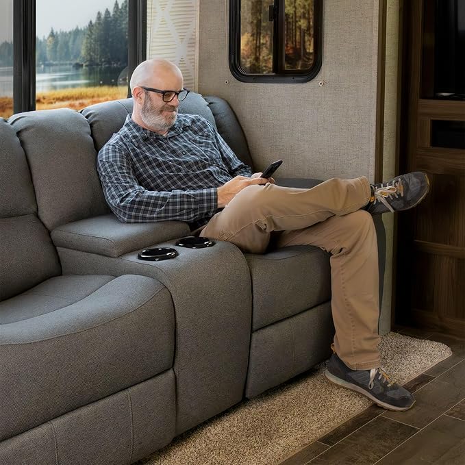 RecPro Charles Powered Double RV Wall Hugger Recliner Sofa | RV Loveseat | RV Furniture | Cloth (Fossil, 70")