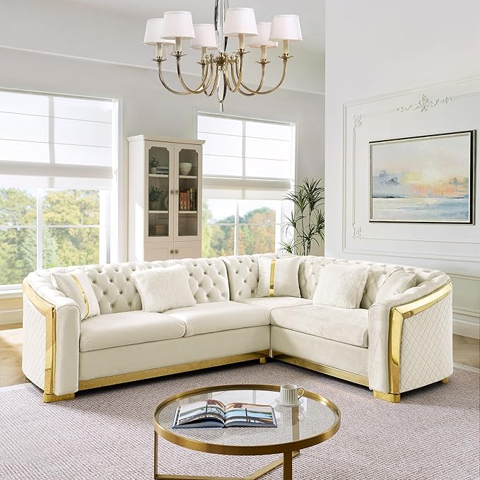 KEIKI 106" L-Shaped Luxury Velvet Chesterfield Sectional Sofa with Gold Stainless Steel Accents and 5 Pillows, Mid-Century Oversized 5-Seater Button Tufted Couch, Easy Assembly, for Living Room, Beige