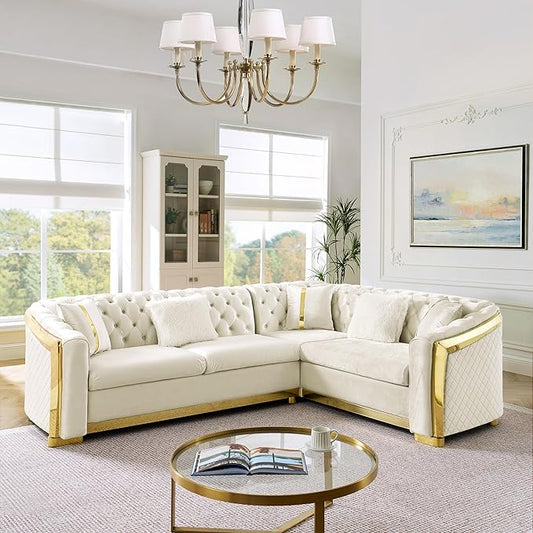 KEIKI 106" L-Shaped Luxury Velvet Chesterfield Sectional Sofa with Gold Stainless Steel Accents and 5 Pillows, Mid-Century Oversized 5-Seater Button Tufted Couch, Easy Assembly, for Living Room, Beige