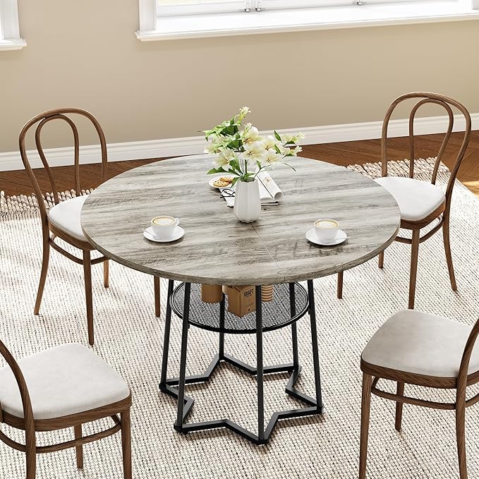 IDEALHOUSE Round Dining Table for 4, 38" Farmhouse Kitchen Table with 17.7" Storage, Small Circle Dinner Tables, Space Saving, Wood Kitchen & Dining Room Furniture for Dining Room, Apartmen, Grey