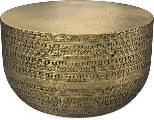 SIMPLIHOME Johnsen Metal Coffee Table - 30 inch Wide Solid Metal Round Drum Accent Table in Antique Gold, Boho Coffee Table for Living Room or Bedroom with Decorative Textured Design, Assembled