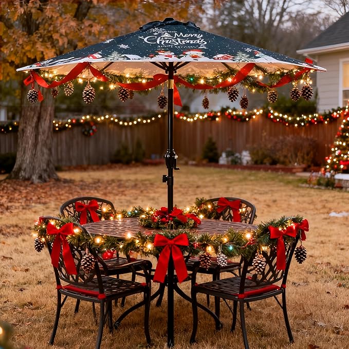 Seazul 7.5FT Christmas Patio Umbrella, Outdoor Table Umbrella with Push Button Tilt and Crank, Market Umbrella with 6 Steel Ribs, Dark Teal