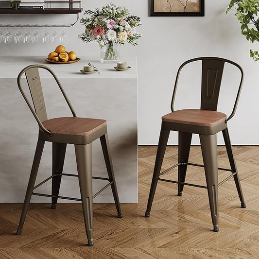 Andeworld Metal Bar Stools Set of 2, 30 inch Bar Height Barstools with Backs Farmhouse Modern High Back Bar Stools with Larger Seat Kitchen Dining Bar Chairs,Rusty