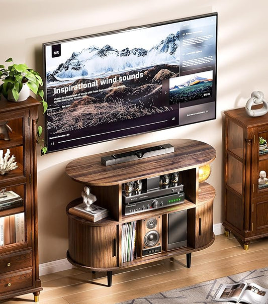 35.4" Fluted Small TV Stand, Mid Century Modern TV Stands for Bedroom,TV Entertainment Center with Storage for TVs, Round Media Console Cabinet with Sliding Doors for Bedroom, Living Room (Walnut)