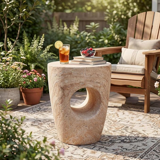 Christopher Knight Home Aria 18.5" H Outdoor Side Table, Round End Table with Hollow Design, Small Accent Table for Indoor/Outdoor, Minimalist Coffee Table for Patio Balcony, Beige+Natural