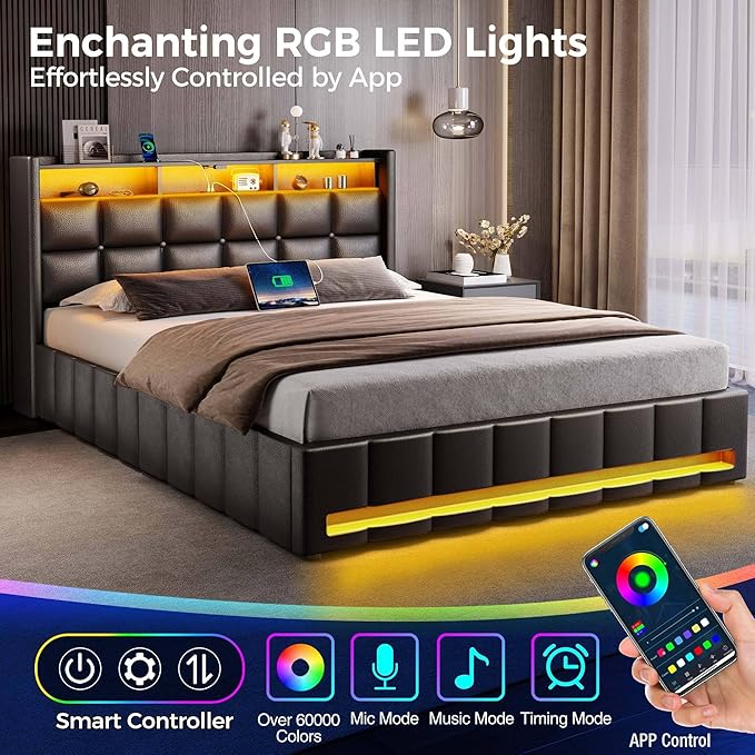 Rolanstar Bed Frame Queen Size with Lift Up Storage, Charging Station & LED Lights, Upholstered Storage Headboard, Heavy Duty Wooden Slats, No Box Spring Needed, Noise Free, Easy Assembly, Black