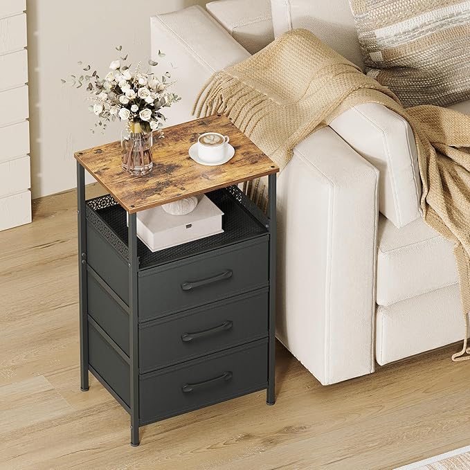 Nightstand Set of 2, Night Stands with 3 Fabirc Drawers, 26.4 Inch Tall Bedside Table with Metal Shelf, Modern Side End Table Storage Furniture, Small Dresser for Bedroom, Rustic Brown
