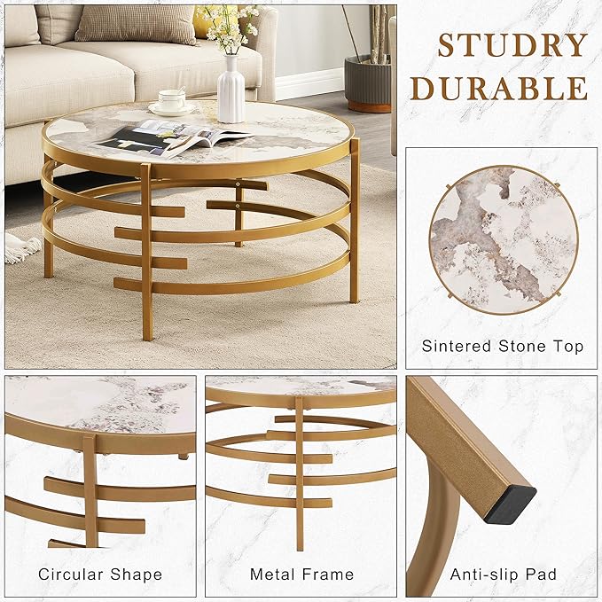 Round Coffee Table Sintered Stone - LifeSky 32 inch Circle Center Coffee Table with Metal Frame - Modern Circular Coffee Tables for Living Room Gold