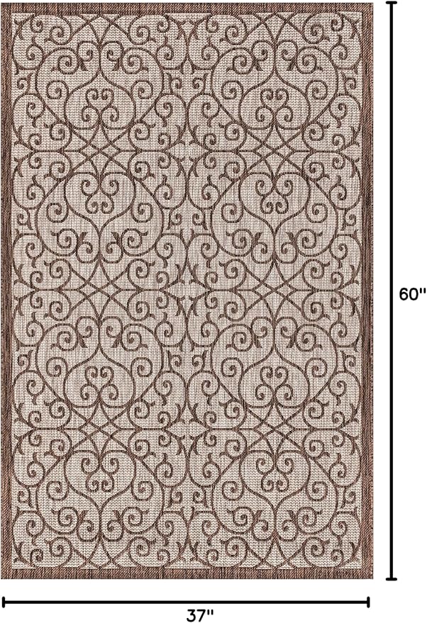 JONATHAN Y Vintage Filigree Indoor Outdoor Area Rug 3X5 Taupe/Espresso, Madrid Textured Weave for Backyard, Patio, Porch, Easy-Cleaning, High Traffic, Pet-Friendly, Non-Shedding (SMB107C-3)