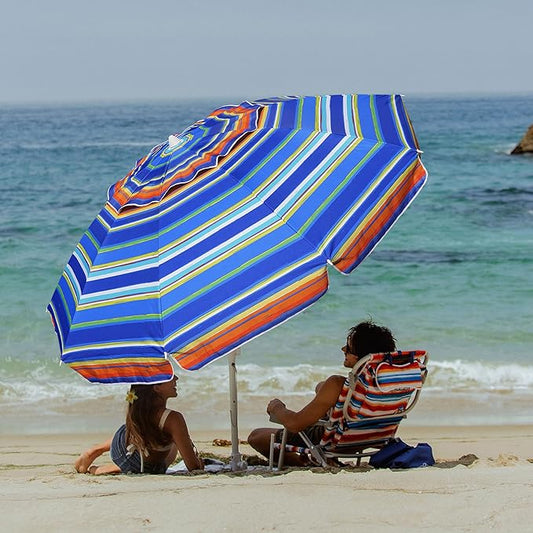 AMMSUN 8 Feet Large Beach Umbrella with Sand Anchor Heavy Duty High Wind Portable Outdoor Umbrellas UV 50+ Protection Air Vent Tilt Patio Garden Pool