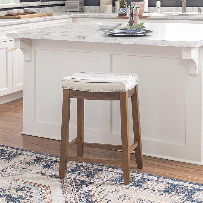 Linon Kingston Natural Wood with Upholstered Linen seat 24 Inch Seat Height Backless Counter Stool
