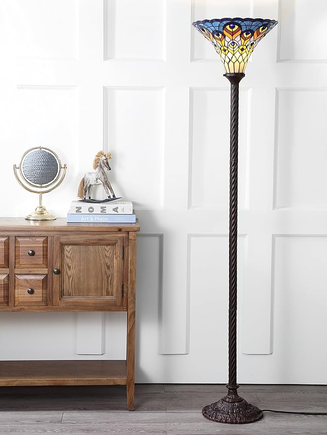JONATHAN Y 70" Bronze Peacock Tiffany-Style Torchiere LED Floor Lamp, Traditional Stained Glass Standing Lamp for Living Room, Foot-Switch, UL Listed, LED Bulb Included JYL8006A