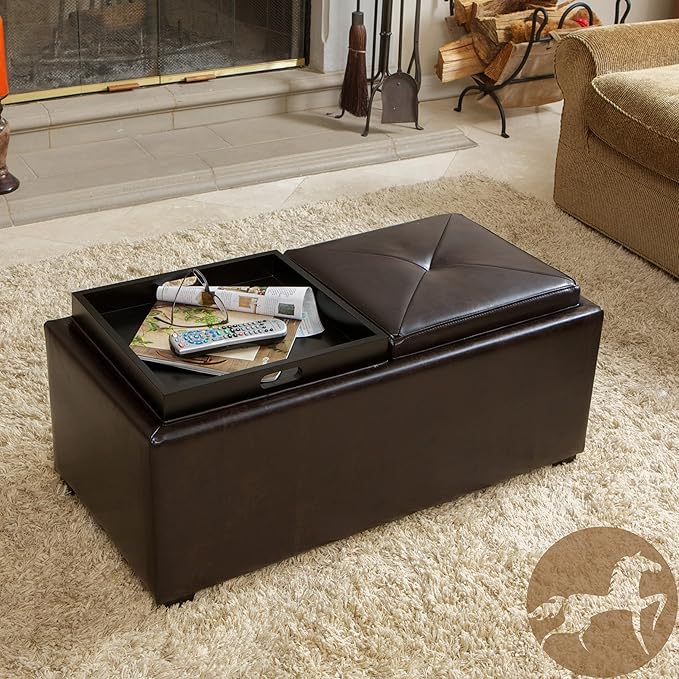 Christopher Knight Home Maxwell Bonded Leather Double Tray Ottoman, Brown , 38 x 19x 17inches