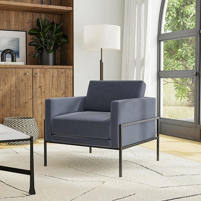 HomePop Modern Metal Frame Accent Chair|Homepop Home Décor|Accent Chairs for Living Room & Bedroom - Steel Blue Velvet