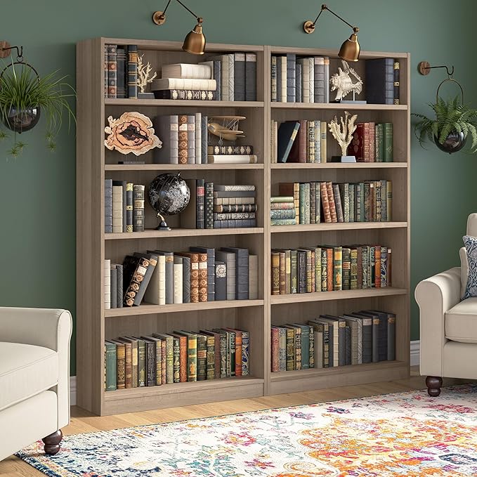 Bush Furniture Universal Tall 5 Shelf Bookcase in Ash Gray - Set of 2, Matching Storage and Display Bookshelves for Home Office or Living Room Organization