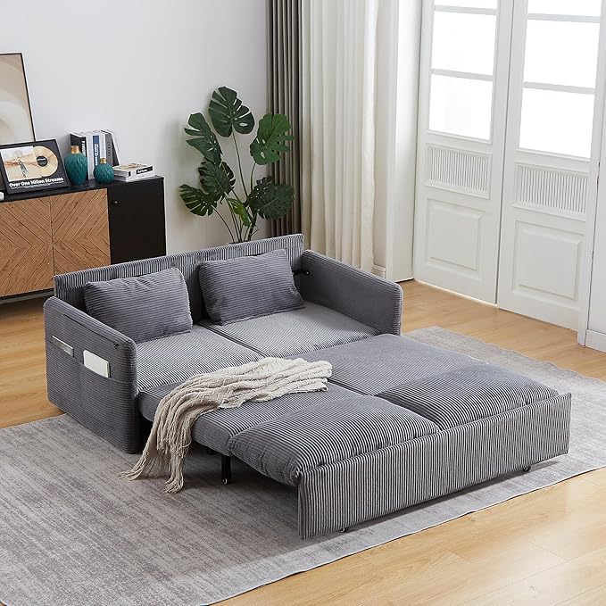 Eafurn 3 in 1 Convertible Pull Out Sleeper Sofa Couch Bed Queen Size, Corduroy Pullout Lounge Loveseat RV Sofa&Couches Sofabed with Soft Pillows Armrest,Side Pockers for Living Room Apartment
