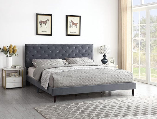 King Upholstered Platform Bed Frame with 48" Tall Adjustable Headboard - Button Tufted Suede Velour Bed- Wood Slat Support with Storage Space - No Box Spring Needed - Grey - OLIVER & SMITH - Princeton