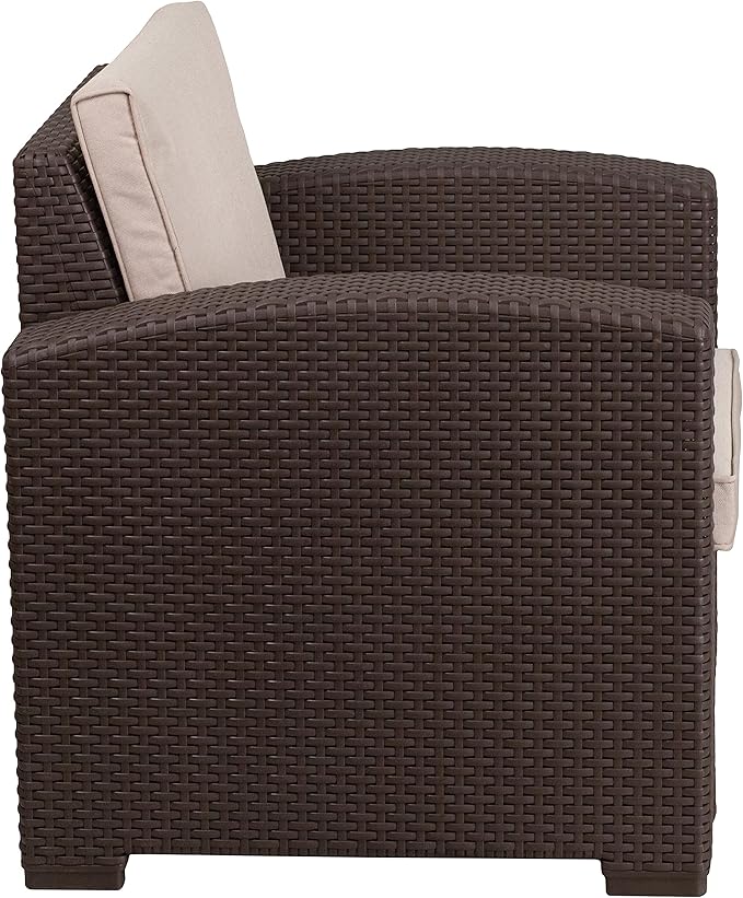 Flash Furniture Seneca Chocolate Brown Faux Rattan Chair with All-Weather Beige Cushion