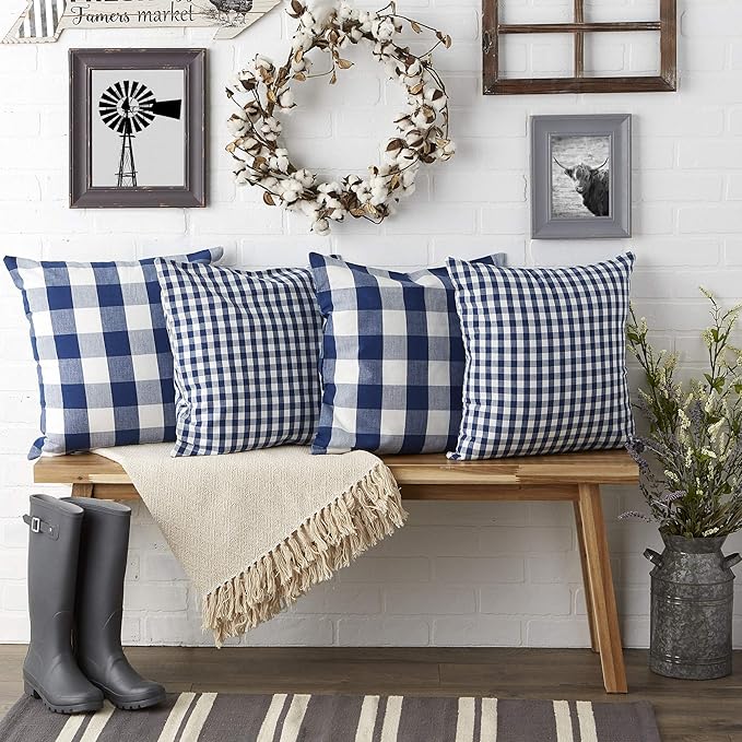 DII Decorative Square Throw Pillow Cover Collection Cotton, Machine Washable, Hidden Zipper, 18x18, Navy Gingham, 4 Piece