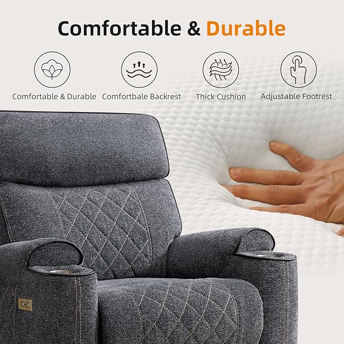 EBELLO Power Reclining Sofa Set, 2 Fabric Electric Recliner Chair and 3 Seater Sofa Couch with Cup Holders, USB Type-C Charging Ports, 5 Seats for Small Living Room, and Meeting Room, Grey