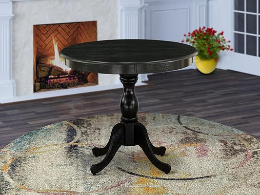 East West Furniture AMT-ABK-TP Antique Dining Table - a Round Wooden Table Top with Pedestal Base, 36x36 Inch, Wirebrushed Black