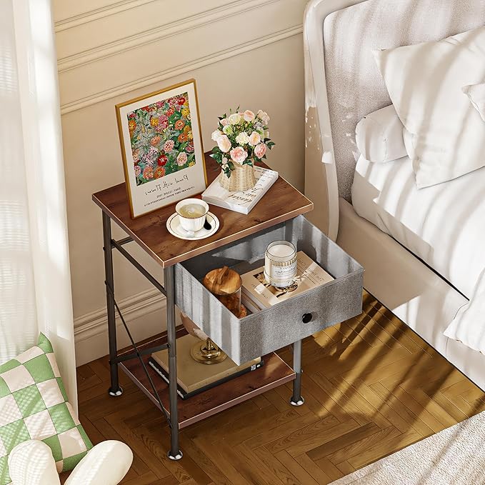 VECELO End Tables, Modern Nightstands with Fabric Drawer & Open Shelf, Side Table for Bedroom Living Room, Industrial Metal Frame, Easy Assembly, Rustic Brown,1 Pack