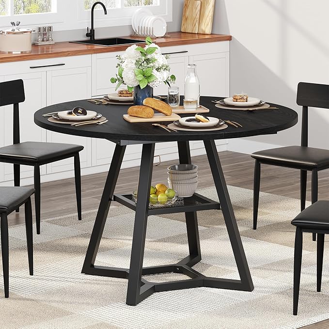 Round Dining Table for 4, Kitchen Tables Dining Room Circle Dinner Table with Pedestal Metal Frame, Space Saving Wood Industrial Kitchen & Dining Room Tables, Black 43In