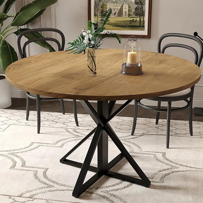 IDEALHOUSE 47 Inch Round Dining Table for 4, Farmhouse Kitchen Table with Metal K-Base, Brown Circle Wood Table for Dining Room, Kitchen, Apartment & Living Room (Table Only)