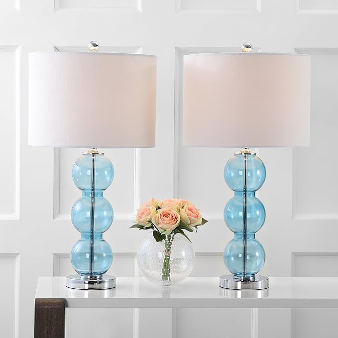 JONATHAN Y 27" Sky Blue/Chrome Triple-Sphere Glass Table Lamp Set of 2, Bedside, White Linen Shade, Modern Table Lamps for Living Room, Bedroom, Office, LED Bulbs Included (JYL1070C-SET2)