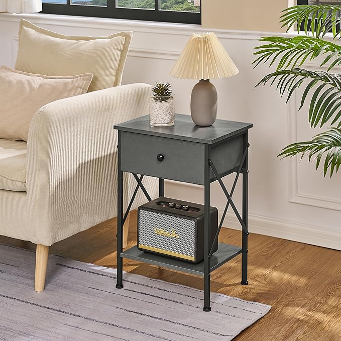 VECELO Nightstand, X-Design End Side Table with Fabric Storage Drawer and Open Shelf, Bedside Night Stand with Steel Frame for Bedroom, Living Room,Dorm, Easy Assembly, Hemp Gray