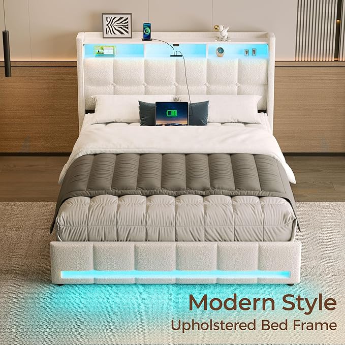 Rolanstar Full Size Bed Frame with LED Lights and Charging Station, Upholstered Headboard with 2-Tier Storage Shelves, Heavy Duty Metal Frame, Noise-Free Support, Easy Assembly, No Box Spring Needed