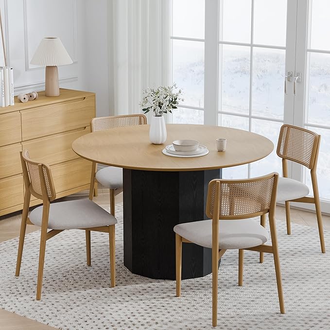 Casaphoria 46" Round Dining Table - Wood Top & Black Pedestal Base, Modern Farmhouse Kitchen Table for 4