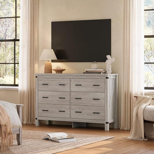 LINSY HOME Farmhouse 6 Drawer Double Dresser for Bedroom, 53” Wide Rustic Wood Chest with Deep Drawers, Modern Dressers with Storage and Metal Handles for Closet, Living Room, Hallway, Wash Grey