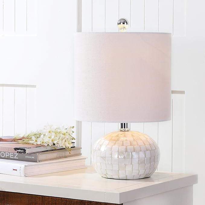 JONATHAN Y 16" Coastal Capiz Shell Mosaic Table Lamp for Bedroom Living Room, White Linen Shade, Transitional Cottage Nightstand Lamp, UL Listed, LED Bulb Included JYL1022A