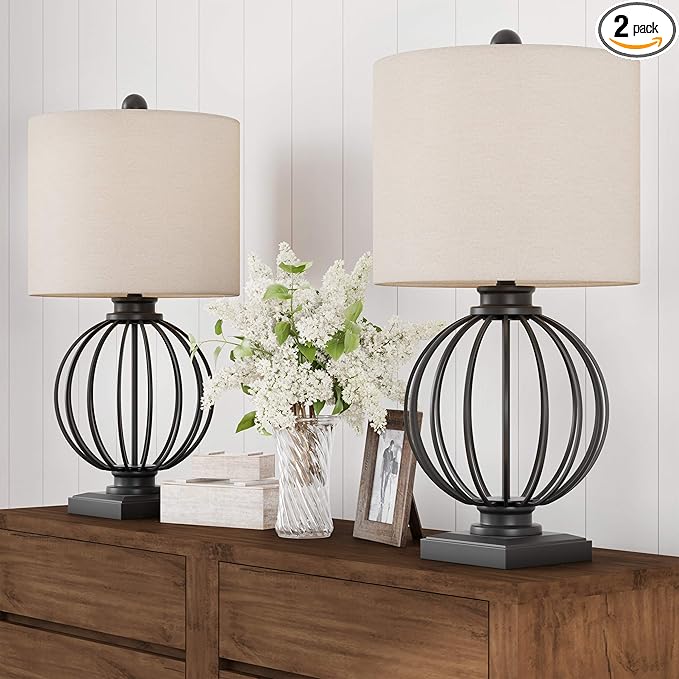 Modern Table Lamps - Set of 2 Wrought Iron Open Cage Lights with LED Bulbs - Rustic Farmhouse Style for Living Room or Bedroom by Lavish Home (Black)