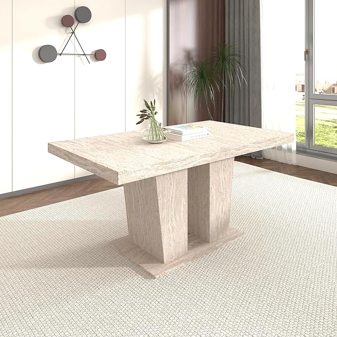 KEIKI 63"-79" Extendable Rectangular Dining Table for 6-10, Aged Wood Farmhouse Kitchen Table with Veined Travertine Pattern and Thick Top, Large Dining Room Table, Beige