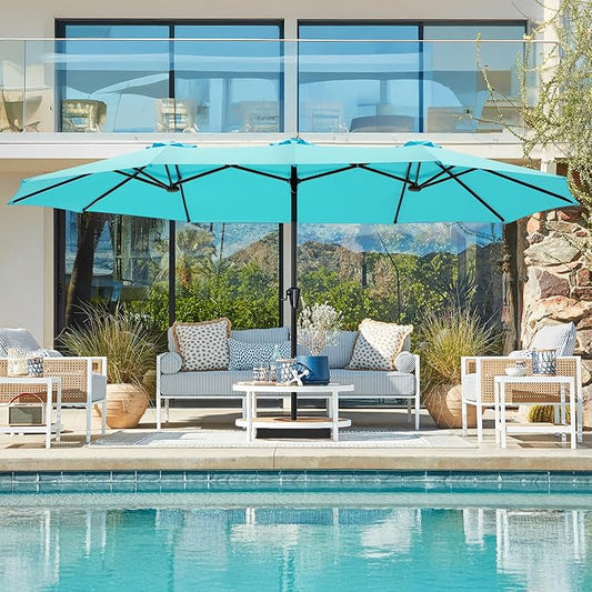 SUPERJARE 15FT Outdoor Umbrella for Patio, Double sided Pool Umbrellas with Fade Resistant Canopy, Large Table Umbrella for Deck, Market, Backyard - Light Blue(No Base)