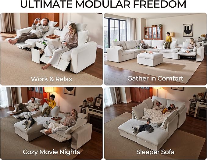 124.8'' Oversized Power Recliner Sofa with Headrest, Extra Wide Modular Cloud Sectional Reclining Couch, Convertible 4-Seater with Storage Ottoman for Home Theater Living Room, Chenille, White