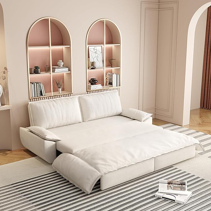 3-in-1 Convertible Sofa Bed Queen Size Pull Out Sleeper Sofa with Heavy Duty Metal Frame, Luxurious Velvet Upholstered Loveseat with 2 Pillows, Modern Folding Guest Bed for Living Room, Apartment