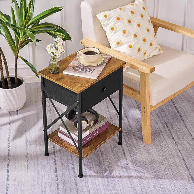 VECELO Nightstand Set of 2, X-Design End Side Table with Fabric Storage Drawer and Open Shelf, Bedside Night Stand with Steel Frame for Bedroom, Living Room,Dorm, Easy Assembly,Antique Brown