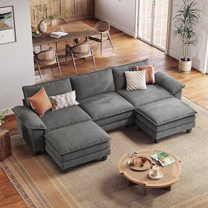 LINSY HOME 123'' Modular Sectional Sofa Green Couch Corduroy Cloud Couches for Living Room, U Shaped Couch with Movable Ottoman, Modern Cloud Sectional Sofas for Bedroom and Apartment, Grey