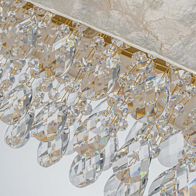6-Light Oval Capiz Shell Crystal Linear Chandeliers, Coastal Design Light Fixture for Dining Room, Kitchen Island, L32xW12xH19~65 Inch(Adjustable), Shell Lampshade & Brass Finish