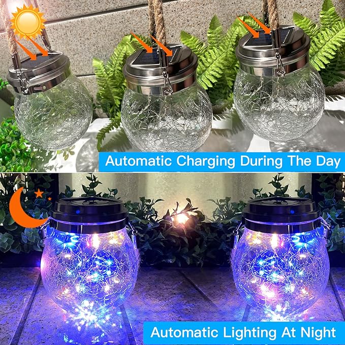 Hanging Outdoor Solar Lights,VGE 30LED Cracked Glass Ball Decorative Lights,Solar Powered Waterproof Landscape with Handle for Tree Yard Garden Patio Fence Holiday Decor(Multicolor)